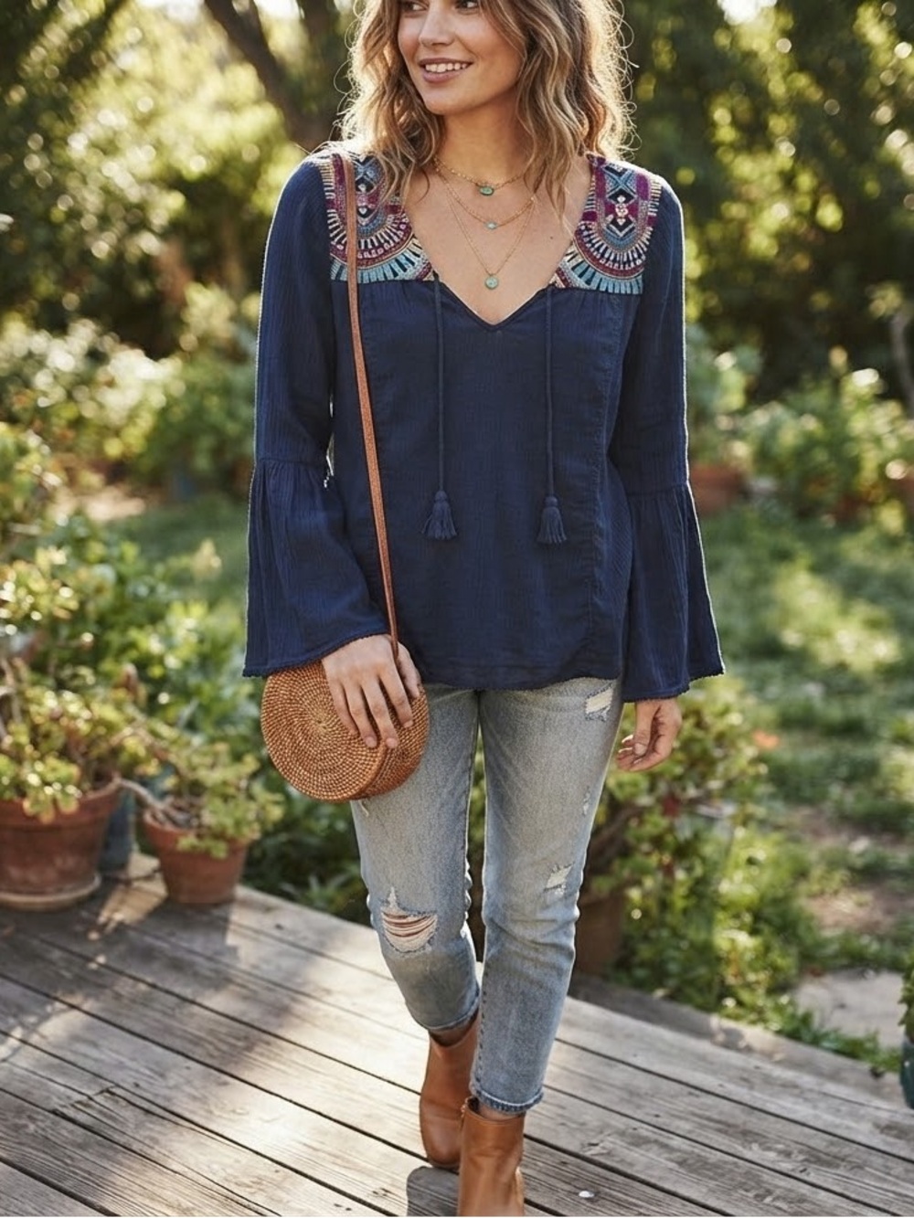 Billabong Embroidered Boho Tunic Top Navy Blue with Bell Sleeves